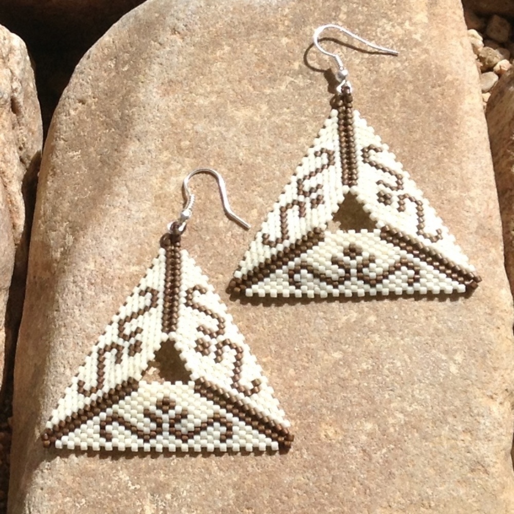 Cream And Chocolate Swirl Triangle Beaded Earrings